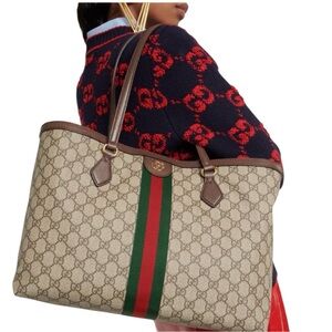 Gucci Ophidia GG Supreme Canvas Tote Bag Brown Green Red Stripe